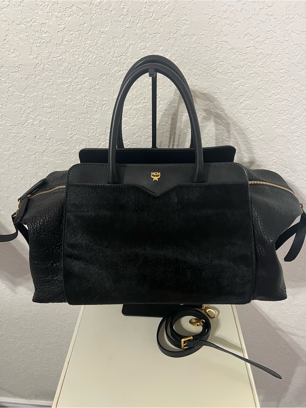 MCM Black Leather and Haircalf Satchel with Gold Hardware